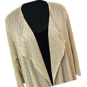 Caroline Rose Open Knit Crochet Duster Long Cardigan USA Minimalist BOHO Tan OS